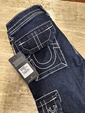 True ReligionDark Blue Denim Military CargoJeans with Contrast Stitching